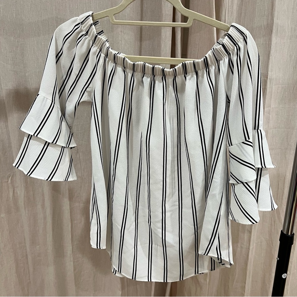 Moa Moa Black and White Striped Ruffle Blouse